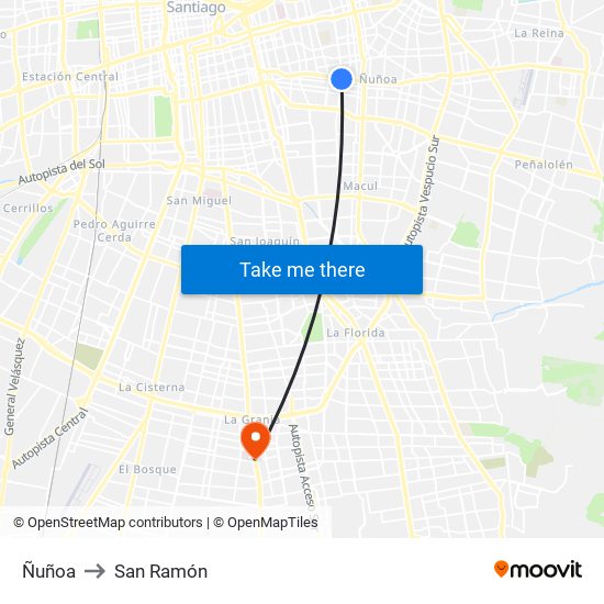 Ñuñoa to San Ramón map