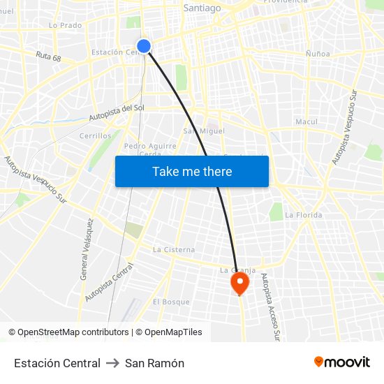 Estación Central to San Ramón map