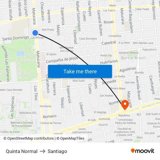 Quinta Normal to Santiago map