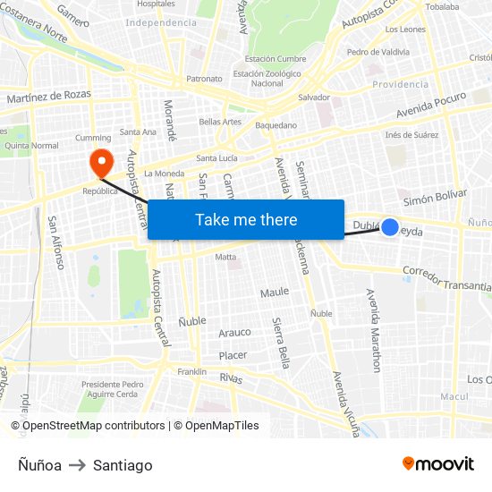 Ñuñoa to Santiago map