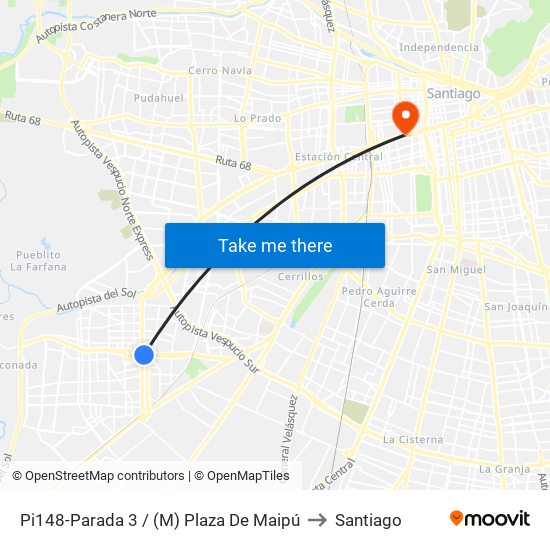 Pi148-Parada 3 / (M) Plaza De Maipú to Santiago map