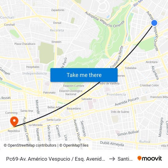 Pc69-Av. Américo Vespucio / Esq. Avenida Vitacura to Santiago map