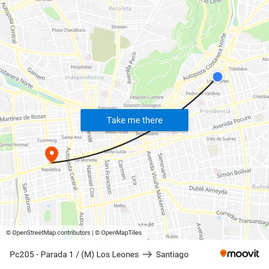 Pc205 - Parada 1 / (M) Los Leones to Santiago map