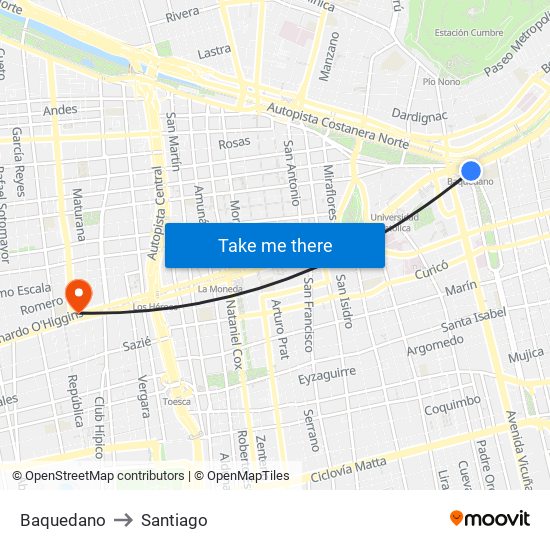 Baquedano to Santiago map