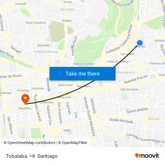 Tobalaba to Santiago map