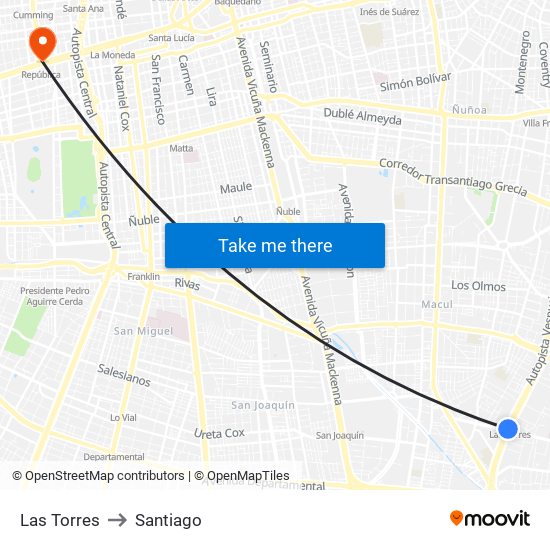 Las Torres to Santiago map