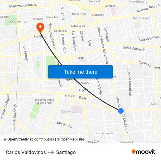 Carlos Valdovinos to Santiago map