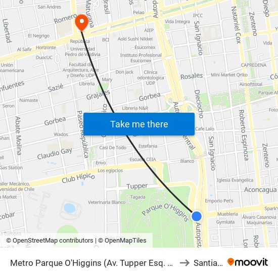 Metro Parque O'Higgins (Av. Tupper Esq. Av. Viel) to Santiago map