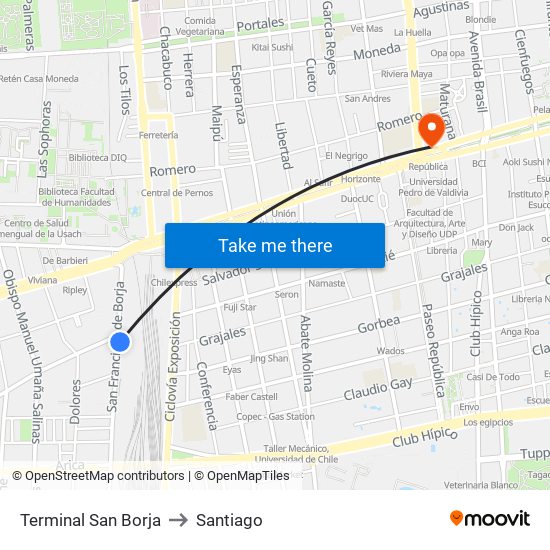 Terminal San Borja to Santiago map