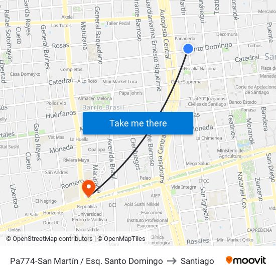 Pa774-San Martín / Esq. Santo Domingo to Santiago map