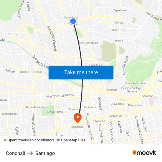 Conchalí to Santiago map