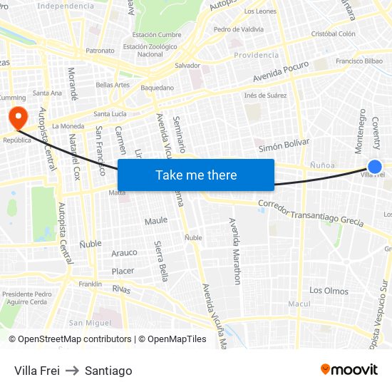 Villa Frei to Santiago map