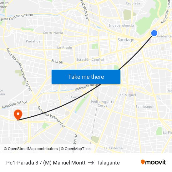 Pc1-Parada 3 / (M) Manuel Montt to Talagante map