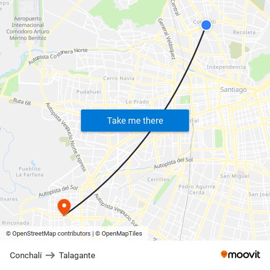 Conchalí to Talagante map