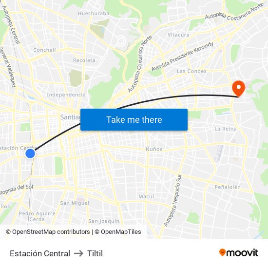 Estación Central to Tiltil map