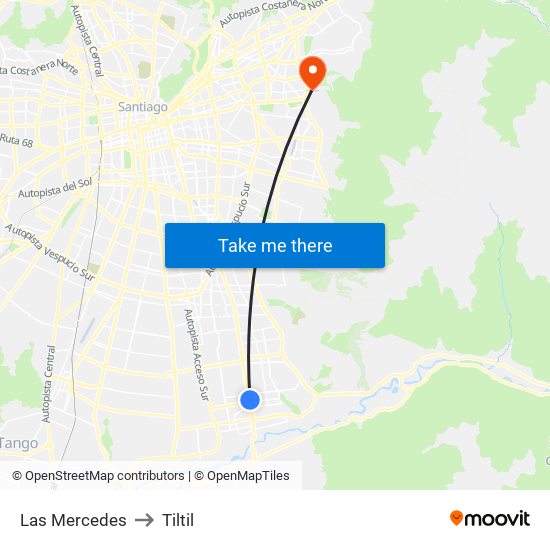 Las Mercedes to Tiltil map