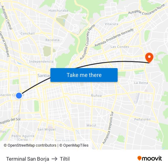 Terminal San Borja to Tiltil map