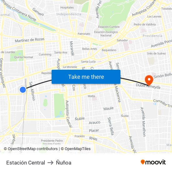 Estación Central to Ñuñoa map
