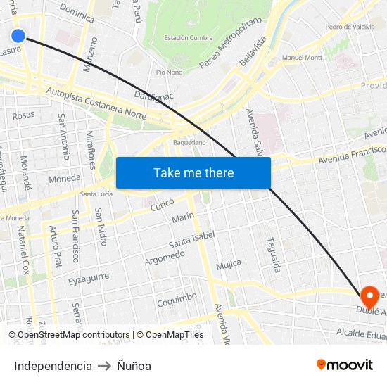 Independencia to Ñuñoa map