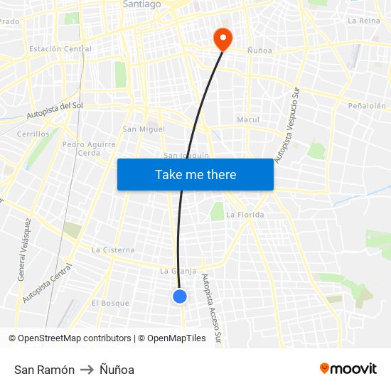 San Ramón to Ñuñoa map