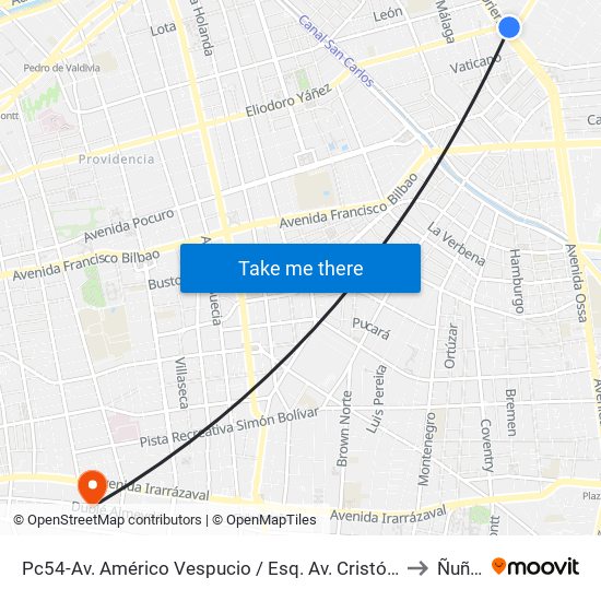 Pc54-Av. Américo Vespucio / Esq. Av. Cristóbal Colón to Ñuñoa map