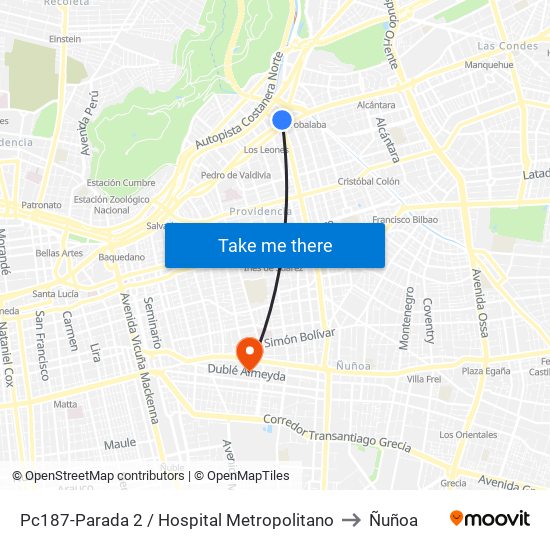 Pc187-Parada 2 / Hospital Metropolitano to Ñuñoa map