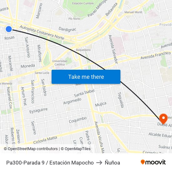 Pa300-Parada 9 / Estación Mapocho to Ñuñoa map