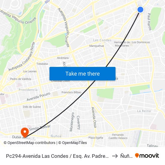 Pc294-Avenida Las Condes / Esq. Av. Padre H. Central to Ñuñoa map