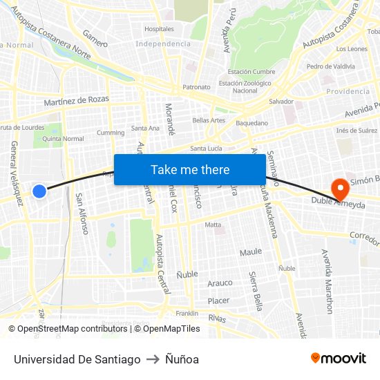 Universidad De Santiago to Ñuñoa map