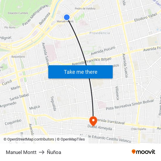 Manuel Montt to Ñuñoa map