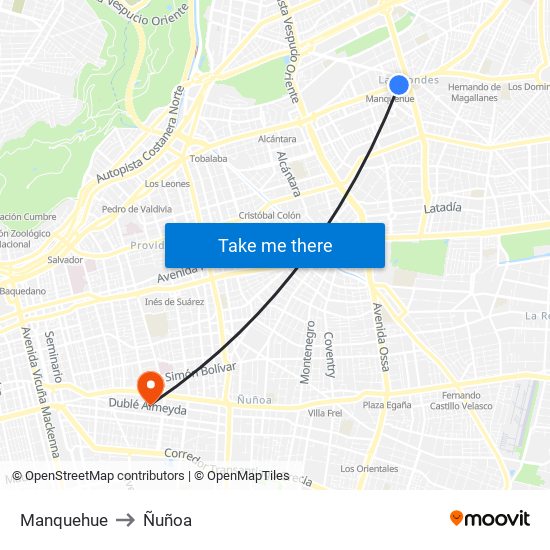 Manquehue to Ñuñoa map