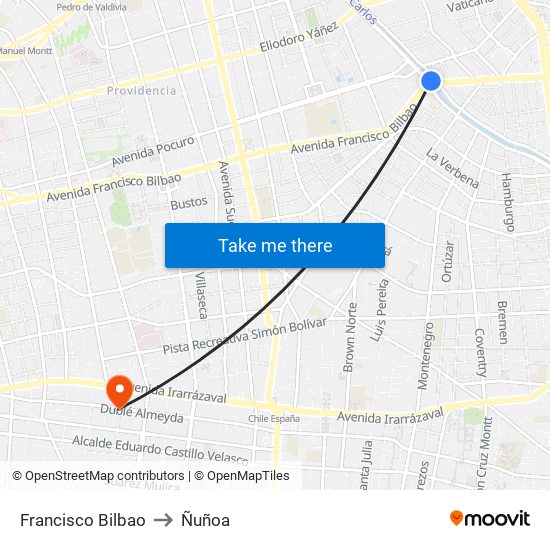 Francisco Bilbao to Ñuñoa map
