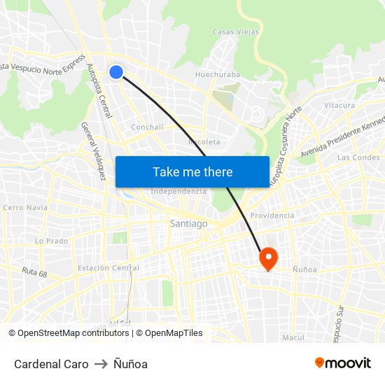 Cardenal Caro to Ñuñoa map