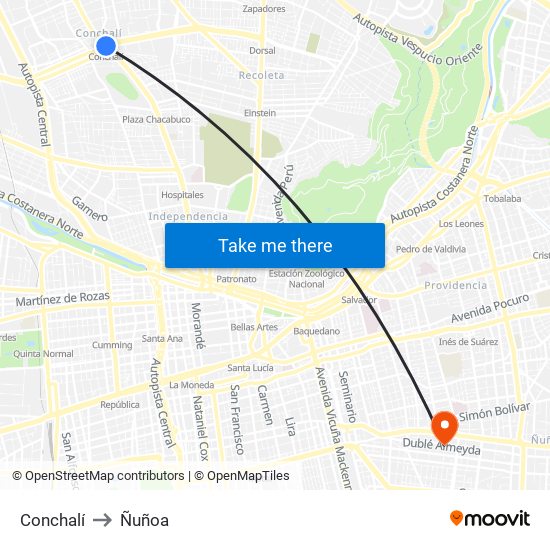 Conchalí to Ñuñoa map