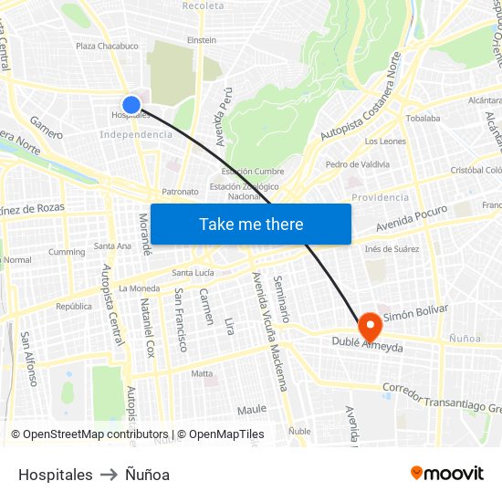 Hospitales to Ñuñoa map