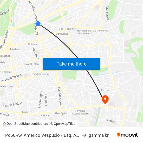 Pc60-Av. Américo Vespucio / Esq. Av. Pdte. Kennedy to gamma knife Chile map