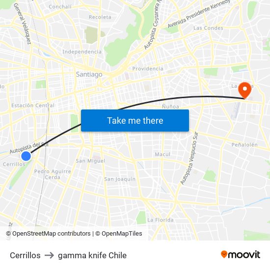 Cerrillos to gamma knife Chile map