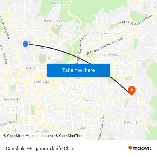 Conchalí to gamma knife Chile map