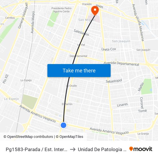 Pg1583-Parada / Est. Intermodal La Cisterna to Unidad De Patologia Mamaria HBLT map