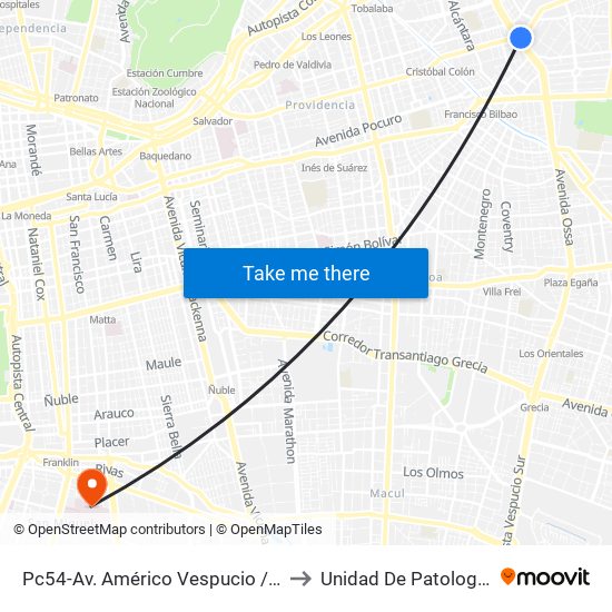 Pc54-Av. Américo Vespucio / Esq. Av. Cristóbal Colón to Unidad De Patologia Mamaria HBLT map