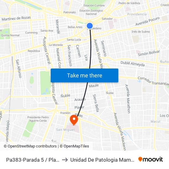 Pa383-Parada 5 / Plaza Italia to Unidad De Patologia Mamaria HBLT map