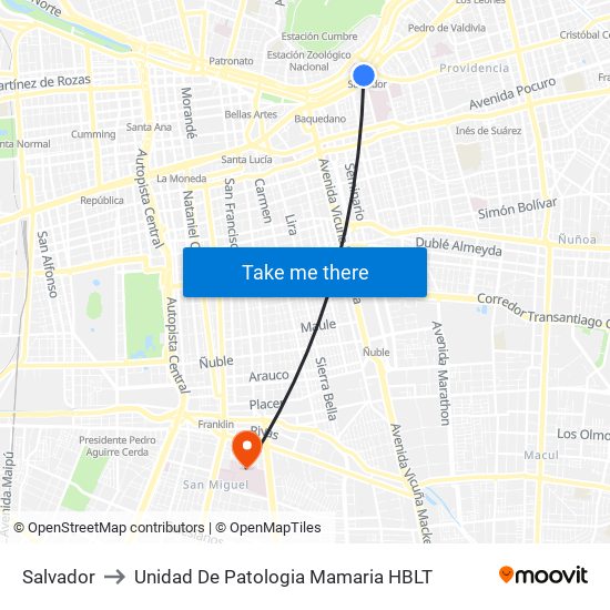 Salvador to Unidad De Patologia Mamaria HBLT map