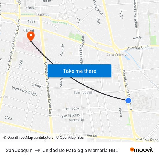 San Joaquín to Unidad De Patologia Mamaria HBLT map