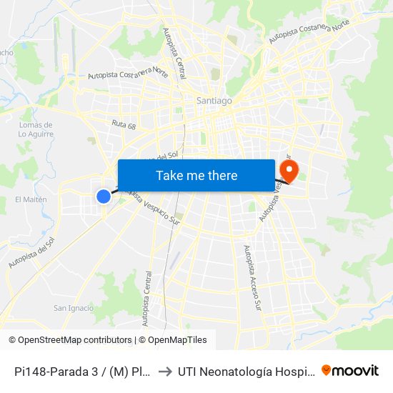 Pi148-Parada 3 / (M) Plaza De Maipú to UTI Neonatología Hospital Luis Tisne map