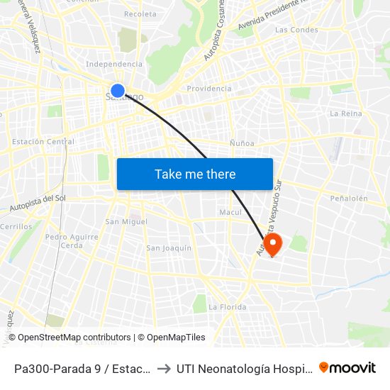 Pa300-Parada 9 / Estación Mapocho to UTI Neonatología Hospital Luis Tisne map