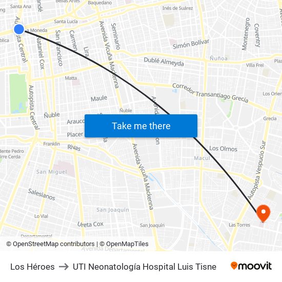 Los Héroes to UTI Neonatología Hospital Luis Tisne map