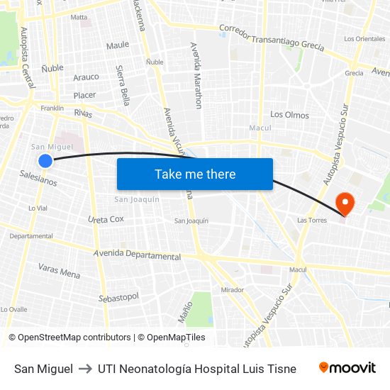 San Miguel to UTI Neonatología Hospital Luis Tisne map