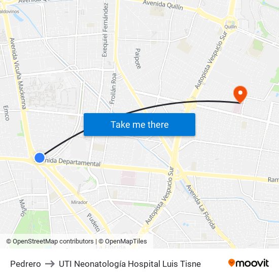 Pedrero to UTI Neonatología Hospital Luis Tisne map