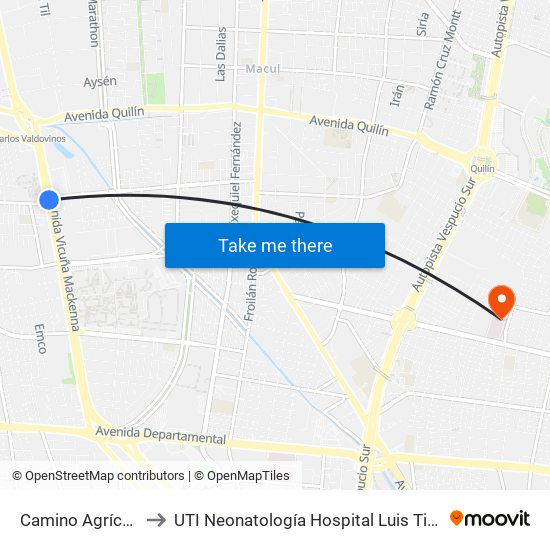 Camino Agrícola to UTI Neonatología Hospital Luis Tisne map