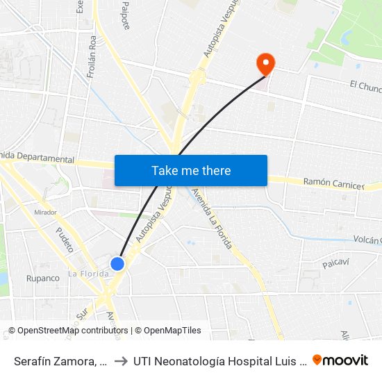 Serafín Zamora, 153 to UTI Neonatología Hospital Luis Tisne map